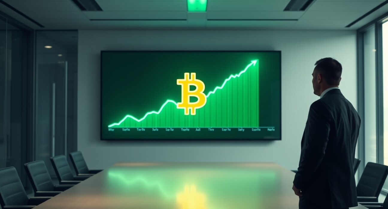 Executive in modern boardroom looking at digital screen showing Bitcoin logo and chart