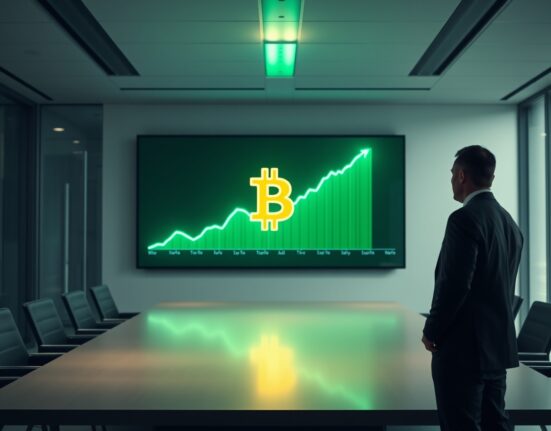 Executive in modern boardroom looking at digital screen showing Bitcoin logo and chart