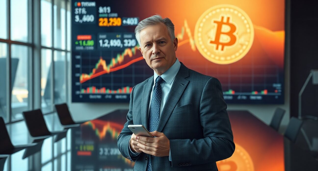 Michael Saylor in a boardroom with a Bitcoin chart on screen, illustrating his personal Bitcoin stance and Strategy's recent sale.