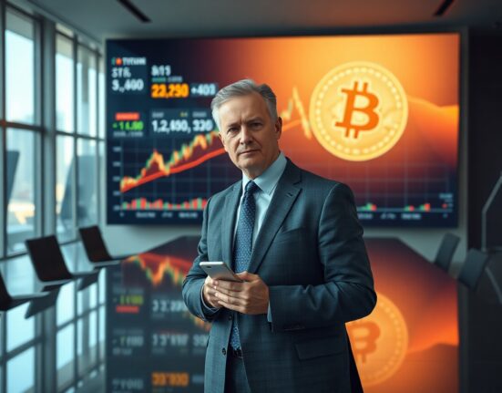 Michael Saylor in a boardroom with a Bitcoin chart on screen, illustrating his personal Bitcoin stance and Strategy's recent sale.