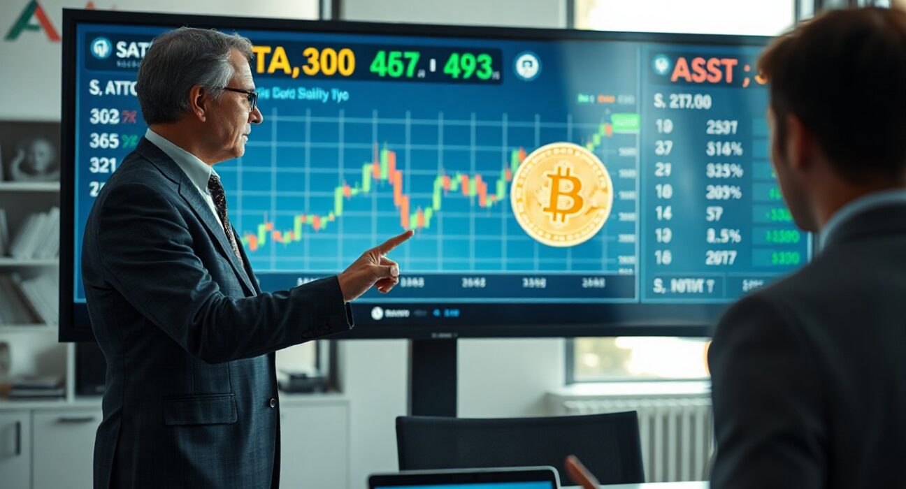 Financial analyst pointing at digital display showing Bitcoin chart and SATA stock ticker