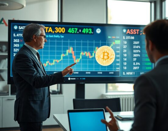 Financial analyst pointing at digital display showing Bitcoin chart and SATA stock ticker
