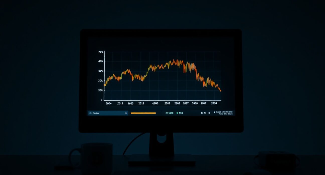 Bitcoin price chart showing decline on a monitor in a dimly lit office, representing market downturn and Saylor's silence.