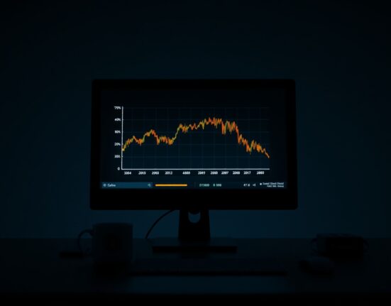 Bitcoin price chart showing decline on a monitor in a dimly lit office, representing market downturn and Saylor's silence.