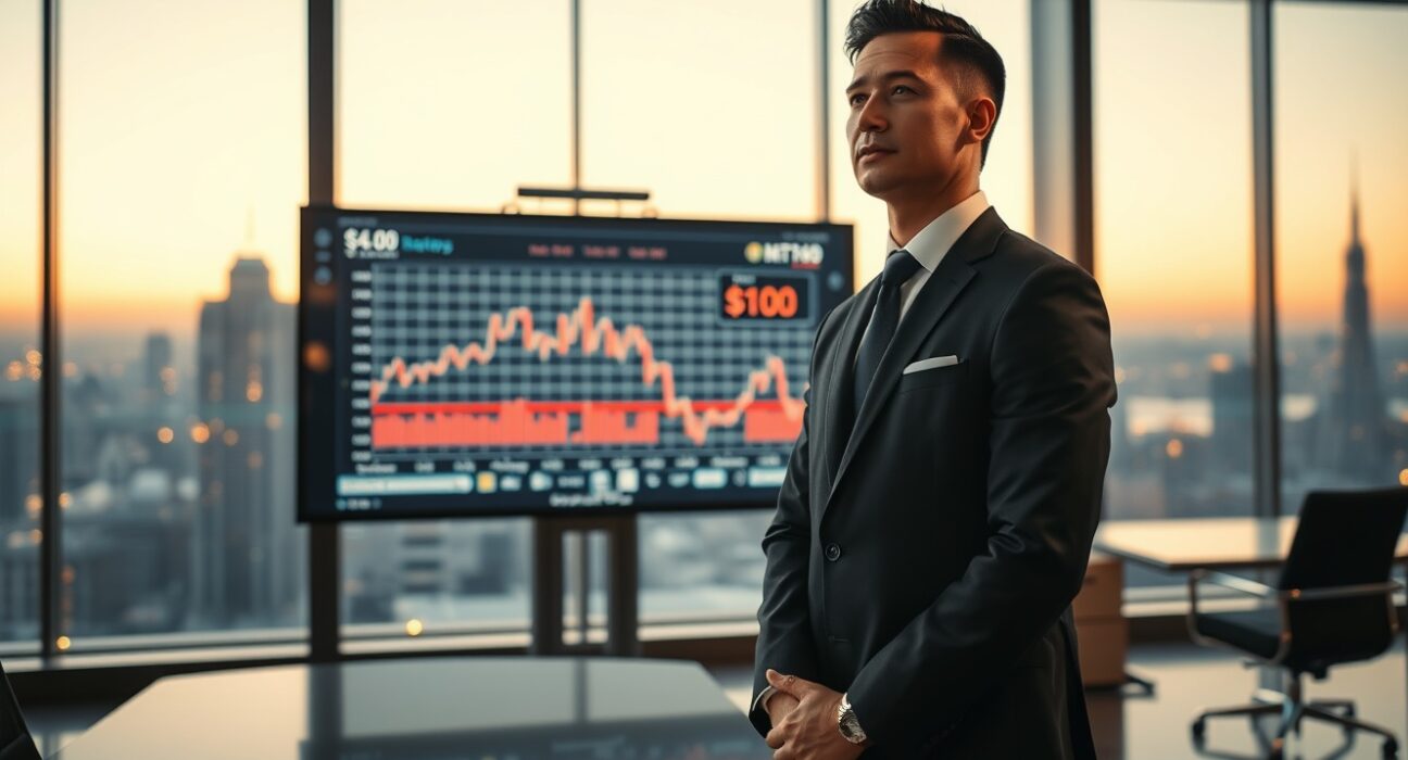 Michael Saylor standing in a corporate boardroom looking at a stock chart display with a $100 price level highlighted.