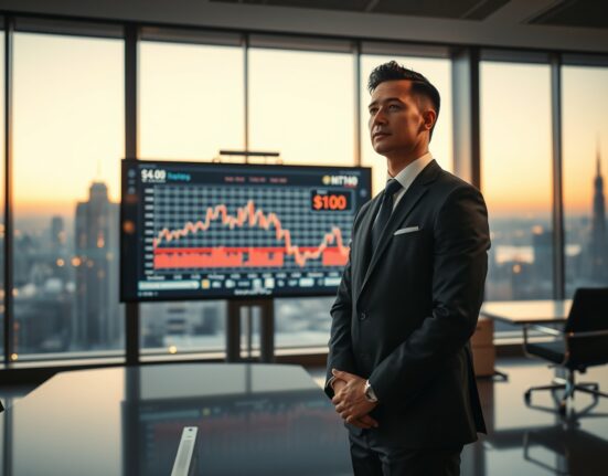 Michael Saylor standing in a corporate boardroom looking at a stock chart display with a $100 price level highlighted.