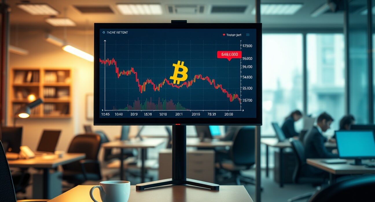 Bitcoin price chart on newsroom screen with support levels at $48,000 and $57,000