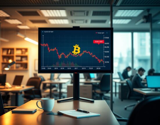 Bitcoin price chart on newsroom screen with support levels at $48,000 and $57,000