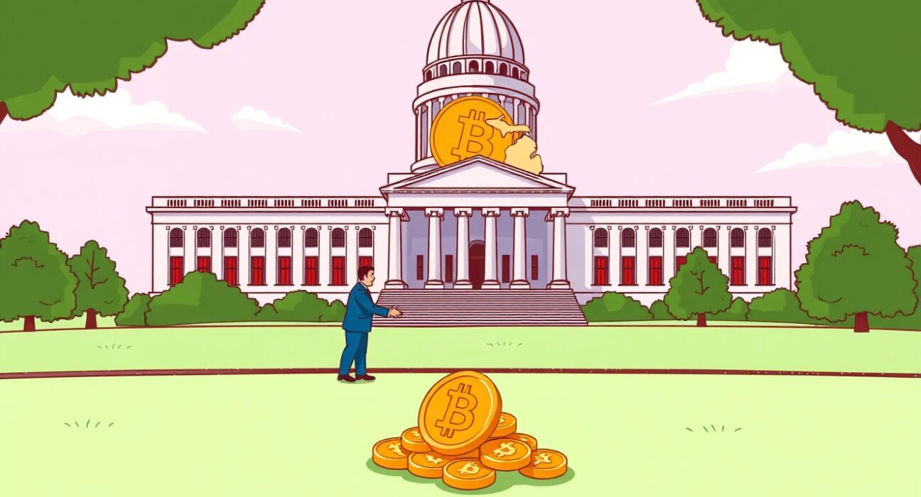 Cartoon illustration of Michigan state officials celebrating the advancement of the Michigan Bitcoin bill, allowing crypto investments.