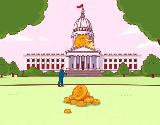 Cartoon illustration of Michigan state officials celebrating the advancement of the Michigan Bitcoin bill, allowing crypto investments.