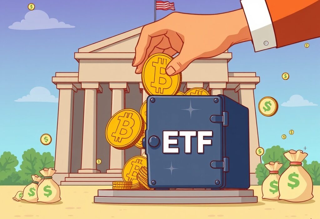 Cartoon showing Michigan state pension fund significantly increasing its Michigan Bitcoin ETF investment, symbolizing growing institutional crypto adoption.