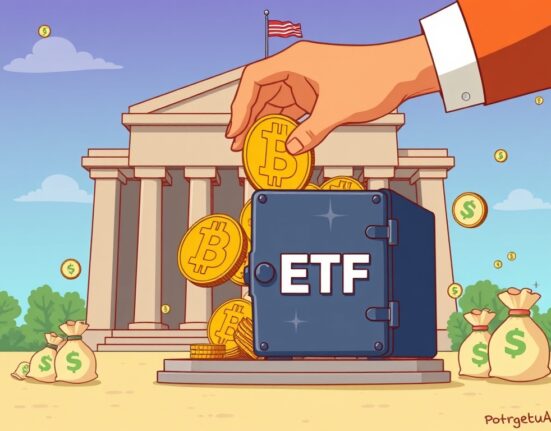 Cartoon showing Michigan state pension fund significantly increasing its Michigan Bitcoin ETF investment, symbolizing growing institutional crypto adoption.