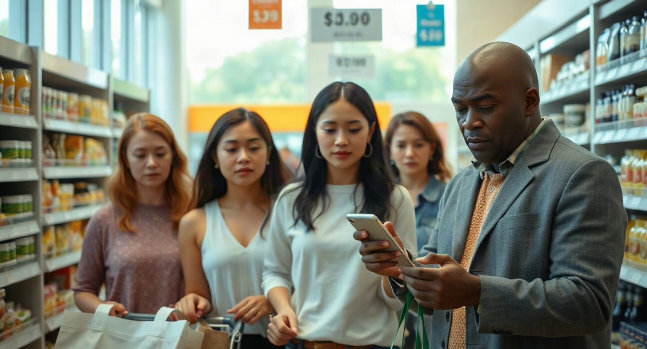 Shoppers in a grocery store, one checking a smartphone, illustrating consumer sentiment.