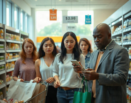 Shoppers in a grocery store, one checking a smartphone, illustrating consumer sentiment.