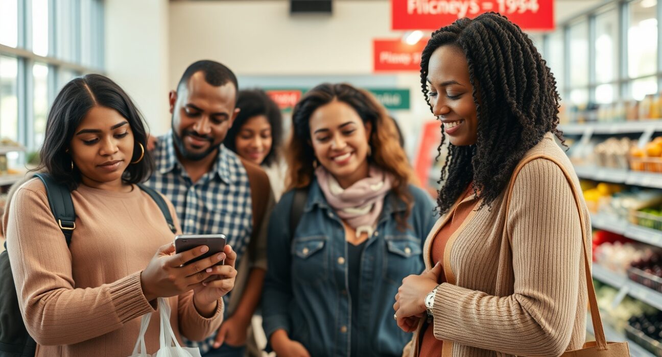 Shoppers in a grocery store with one using a smartphone, illustrating consumer sentiment in July.