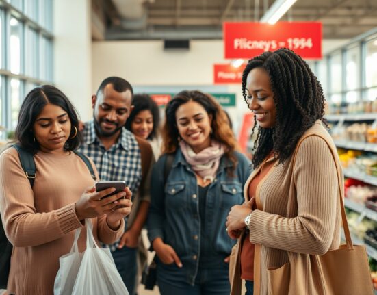 Shoppers in a grocery store with one using a smartphone, illustrating consumer sentiment in July.