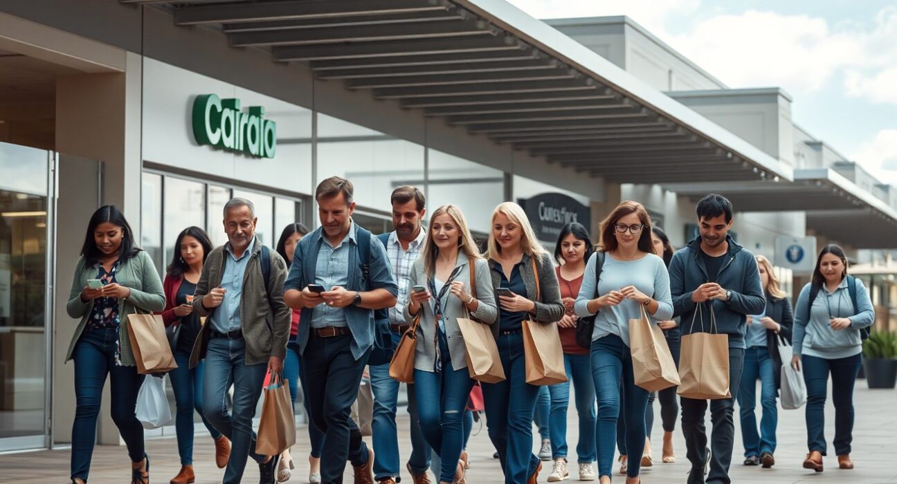 Diverse shoppers walking in an outdoor plaza representing cautious consumer sentiment