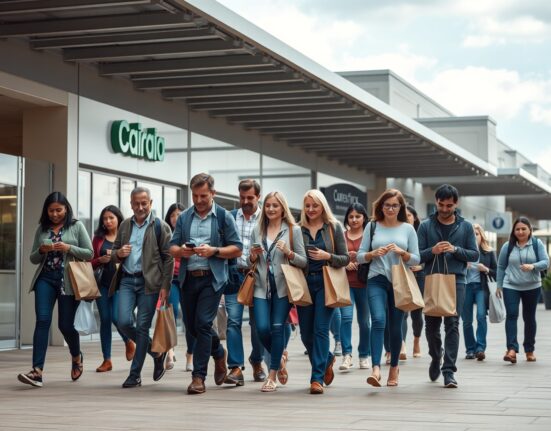 Diverse shoppers walking in an outdoor plaza representing cautious consumer sentiment