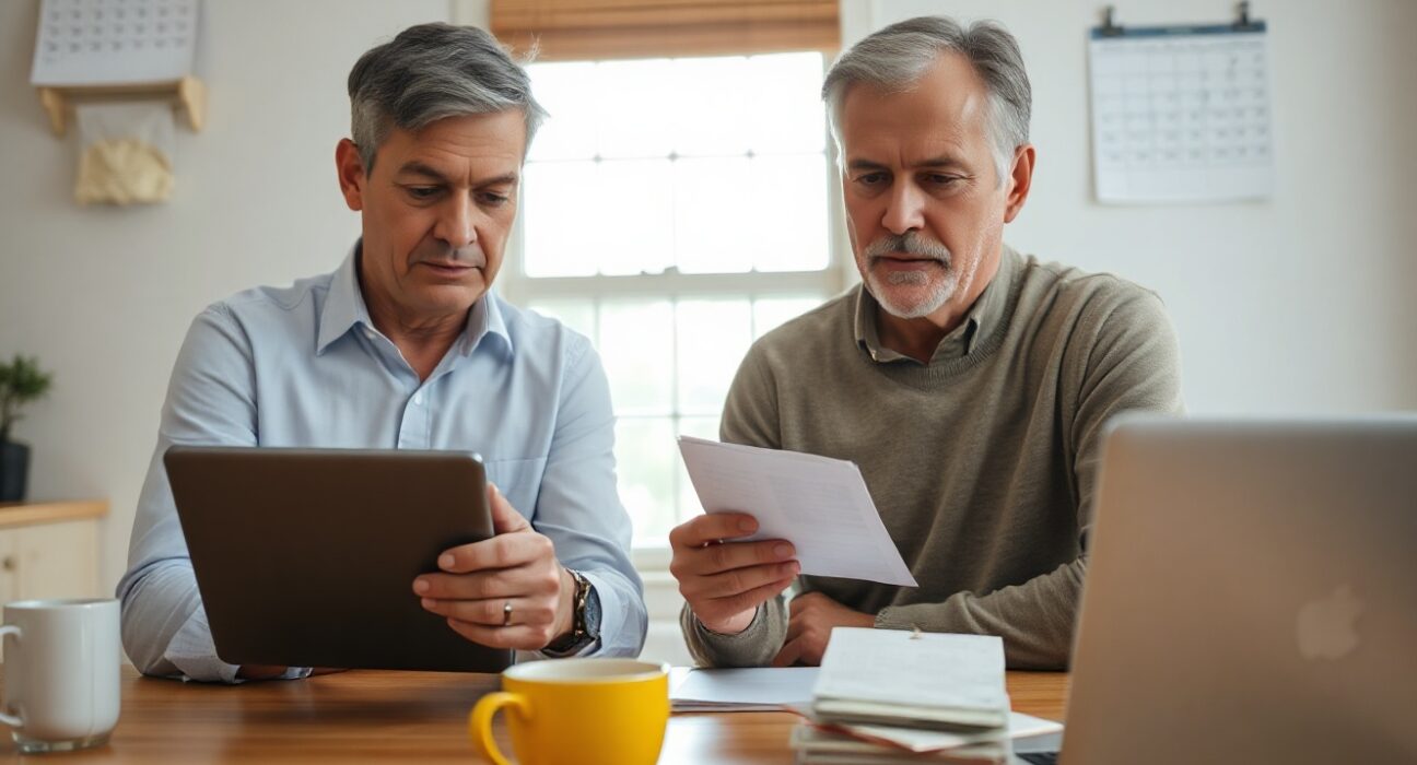 A couple reviewing household finances at a kitchen table, representing consumer sentiment and economic confidence.