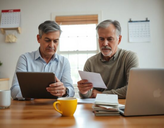 A couple reviewing household finances at a kitchen table, representing consumer sentiment and economic confidence.