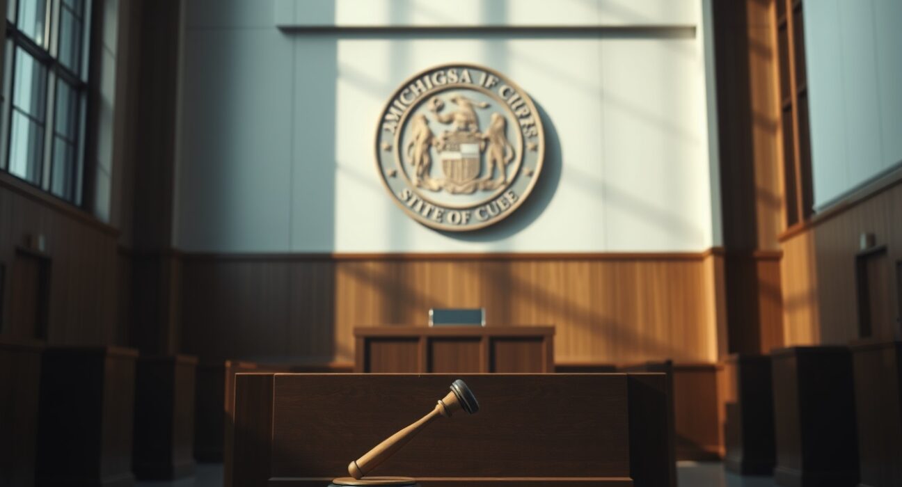 Empty courtroom in Michigan with judge's bench and state seal, representing legal ruling against Kalshi