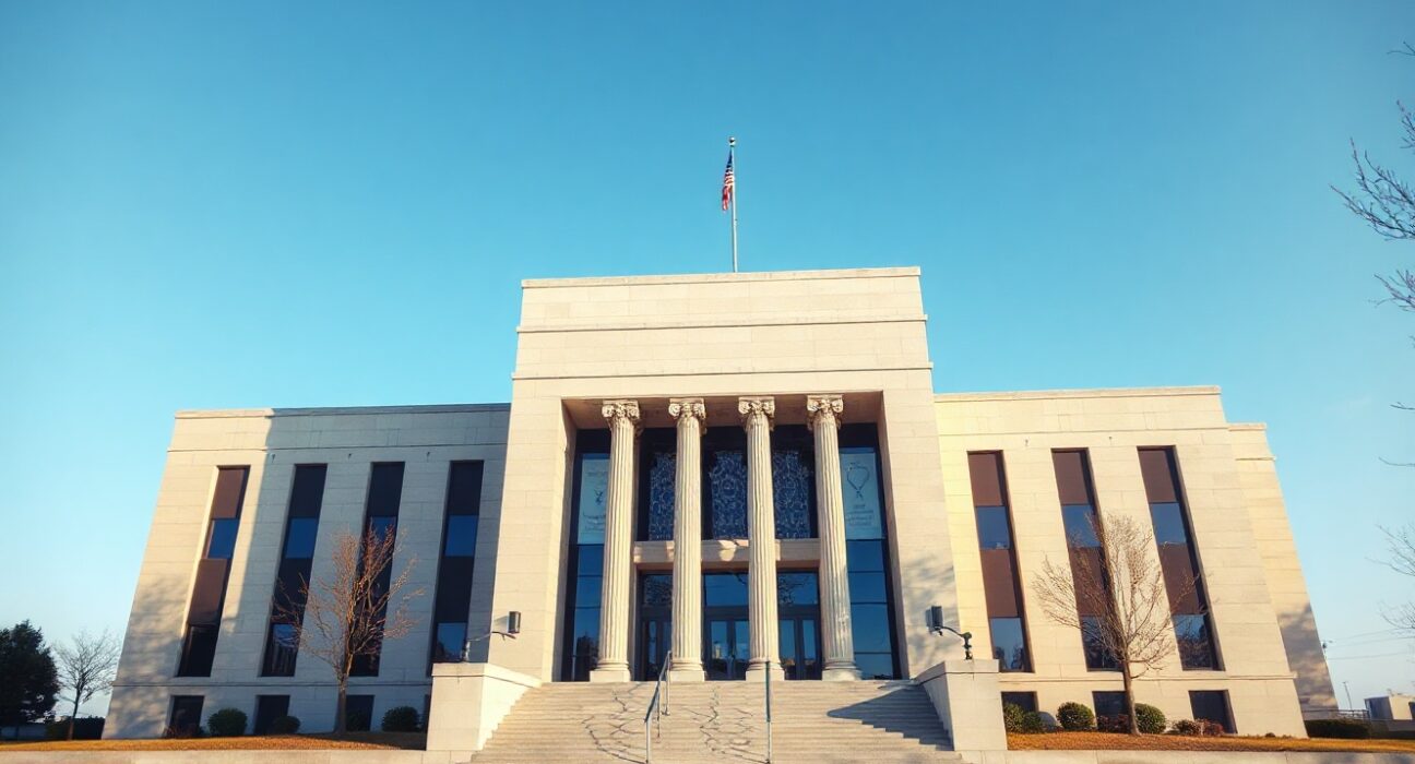 Exterior of a federal courthouse in Michigan under clear skies