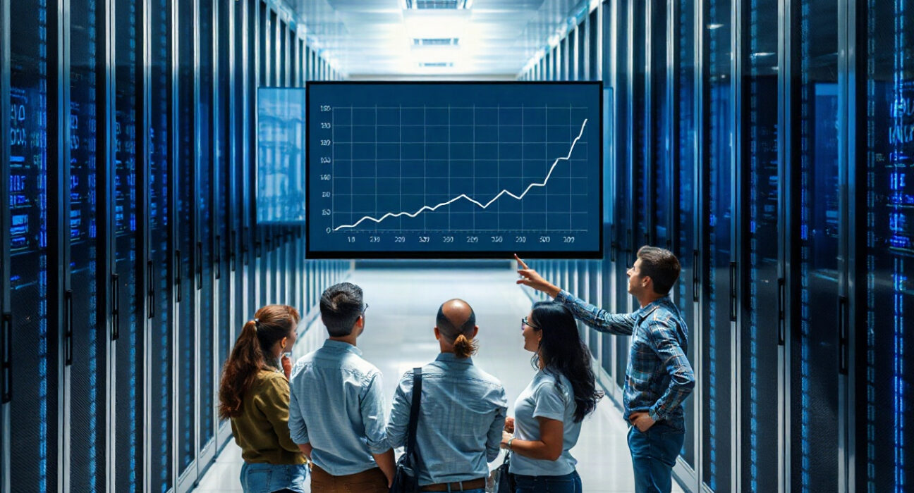 Engineers reviewing AI data growth charts in a modern data center