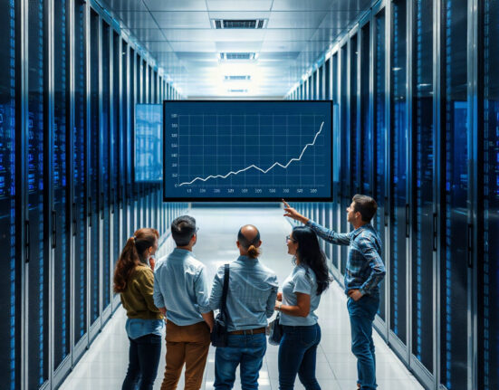 Engineers reviewing AI data growth charts in a modern data center