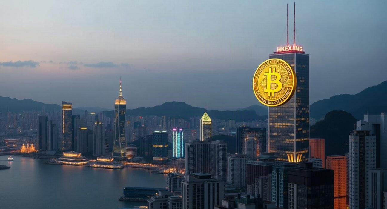 Hong Kong skyline with a golden Bitcoin symbol over the financial district, representing the new dual-asset ETF.