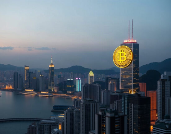 Hong Kong skyline with a golden Bitcoin symbol over the financial district, representing the new dual-asset ETF.