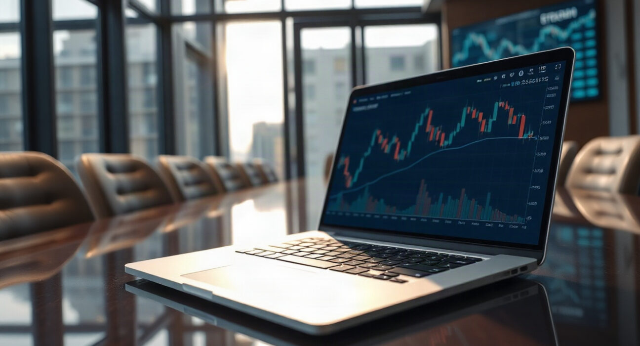 Laptop displaying Bitcoin chart in a modern boardroom, representing corporate Bitcoin investment