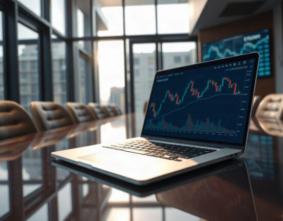Laptop displaying Bitcoin chart in a modern boardroom, representing corporate Bitcoin investment