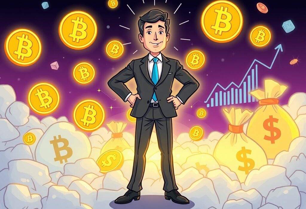 A cartoon illustration showing MicroCloud Hologram's stunning MicroCloud Hologram Profit from crypto derivatives investment, highlighting success in digital assets.