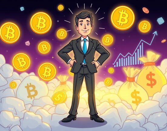 A cartoon illustration showing MicroCloud Hologram's stunning MicroCloud Hologram Profit from crypto derivatives investment, highlighting success in digital assets.
