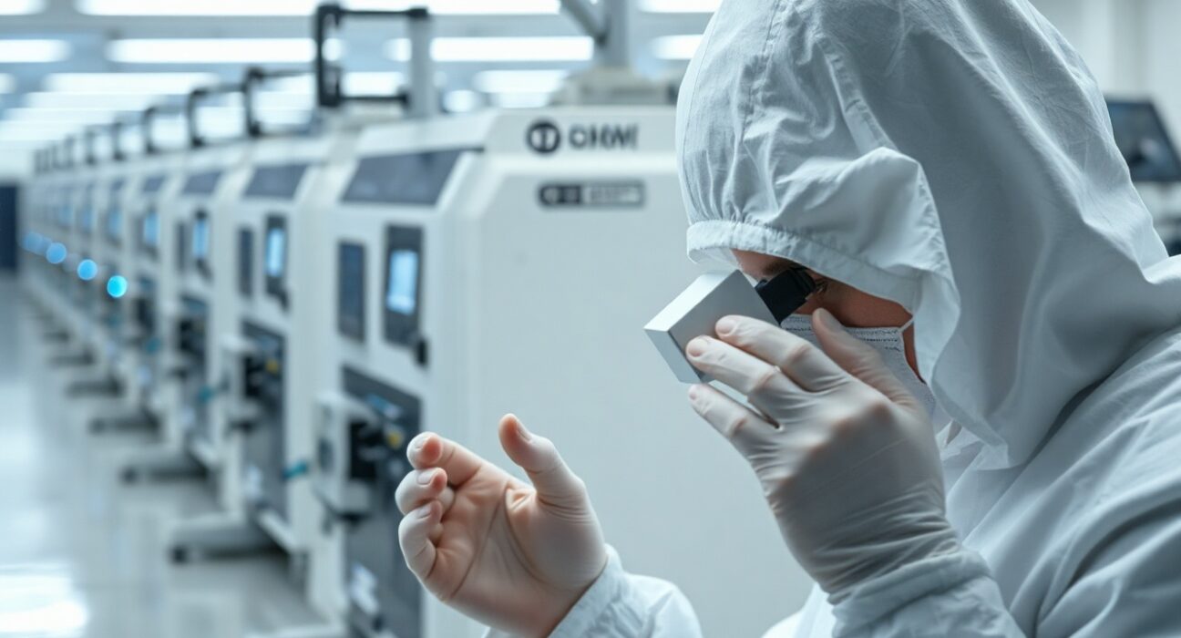 Micron technician inspecting silicon wafer in cleanroom semiconductor fab