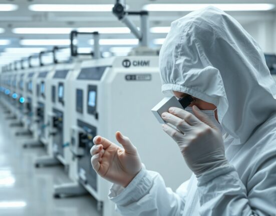 Micron technician inspecting silicon wafer in cleanroom semiconductor fab