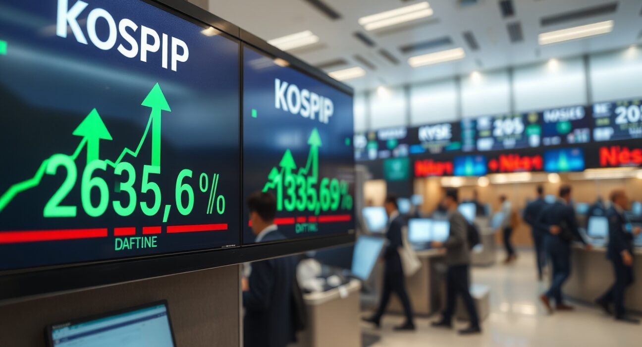 KOSPI electronic board showing green positive trading data in a Seoul stock exchange.