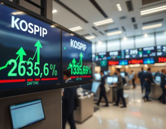KOSPI electronic board showing green positive trading data in a Seoul stock exchange.