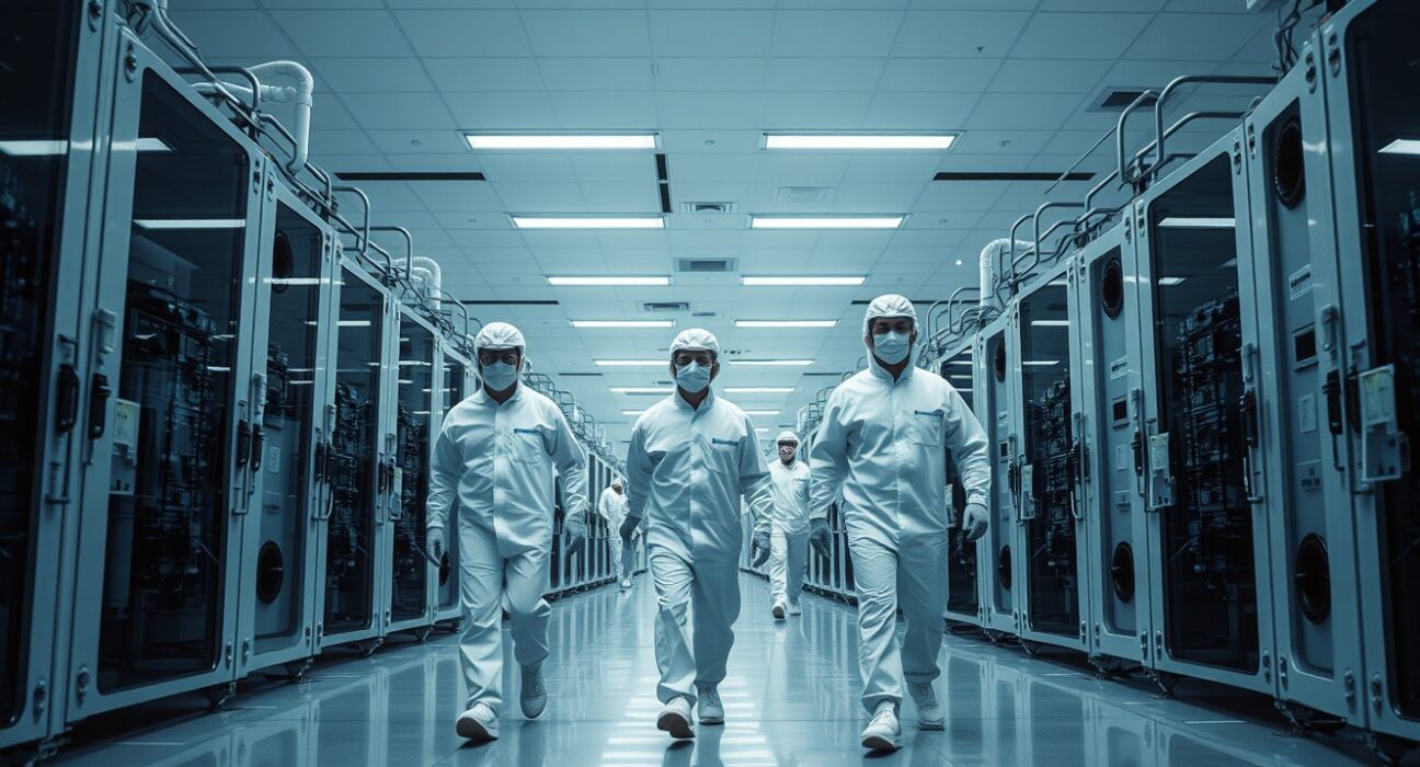 Engineers in cleanroom suits inside a Micron semiconductor fabrication facility