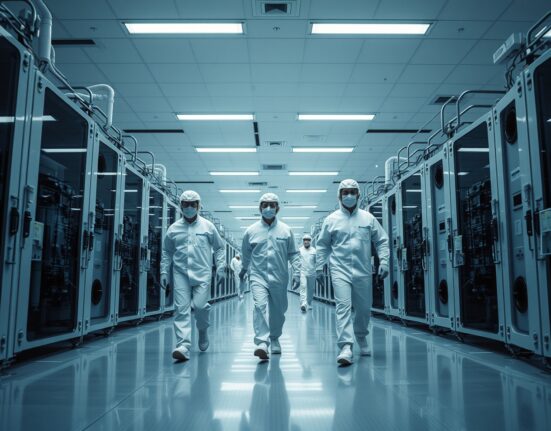 Engineers in cleanroom suits inside a Micron semiconductor fabrication facility