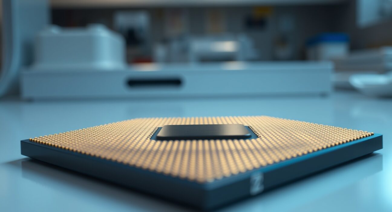 Close-up of a Micron semiconductor wafer with blue and gold lighting in a cleanroom setting