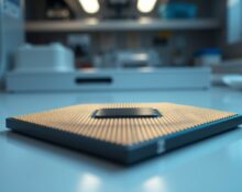 Close-up of a Micron semiconductor wafer with blue and gold lighting in a cleanroom setting