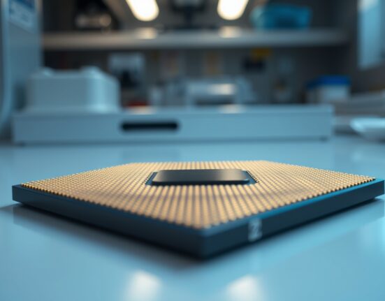 Close-up of a Micron semiconductor wafer with blue and gold lighting in a cleanroom setting
