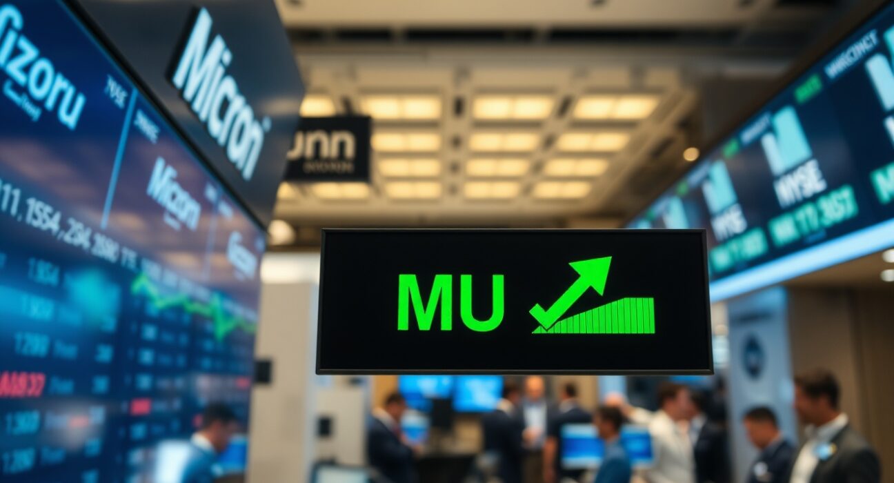 Micron Technology stock ticker showing a green arrow indicating a price recovery on a trading floor.