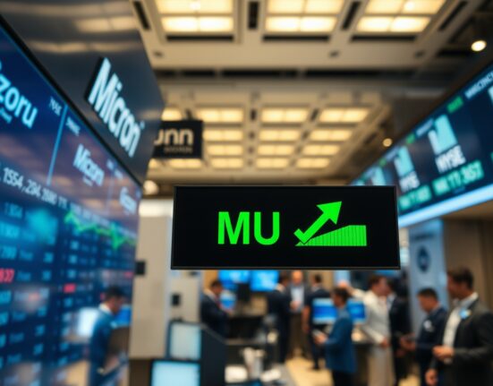 Micron Technology stock ticker showing a green arrow indicating a price recovery on a trading floor.