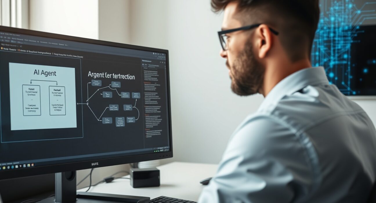 Developer working at a computer with AI agent workflow diagram visible on monitor