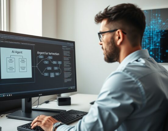 Developer working at a computer with AI agent workflow diagram visible on monitor