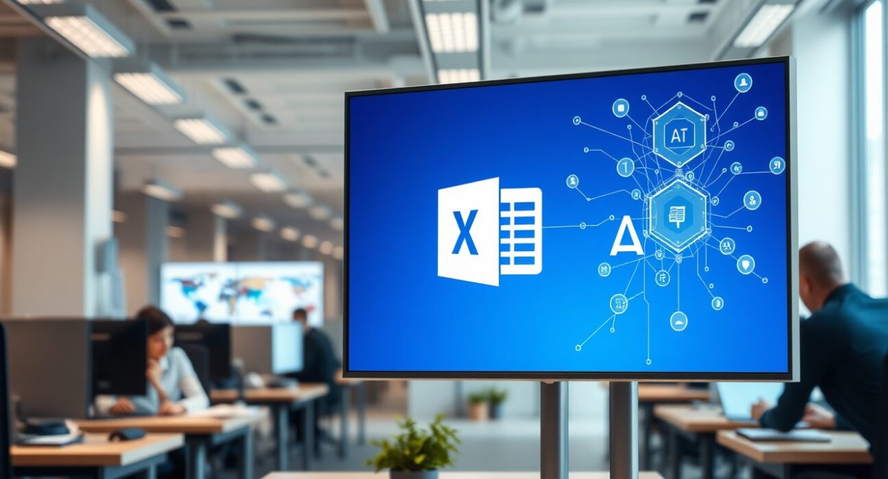 Microsoft Office interface with AI network nodes in a modern office setting, representing AI cost-cutting strategy.
