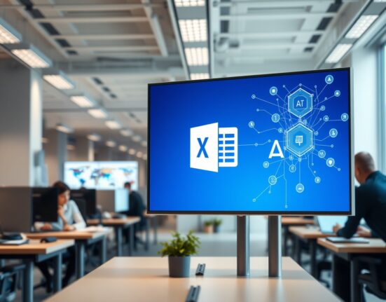 Microsoft Office interface with AI network nodes in a modern office setting, representing AI cost-cutting strategy.
