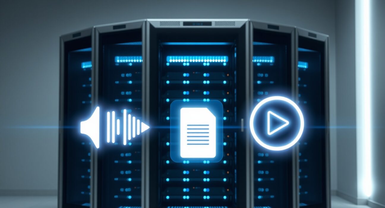 Microsoft's new foundational AI models for audio, text, and video generation represented in a modern data center.